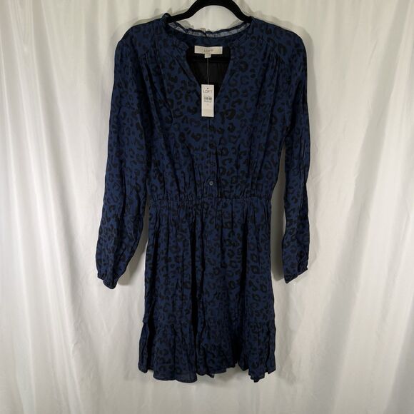 New Loft Mini Dress Women's Small Blue Black Cheetah Print Long Sleeve Button Up - Picture 1 of 11